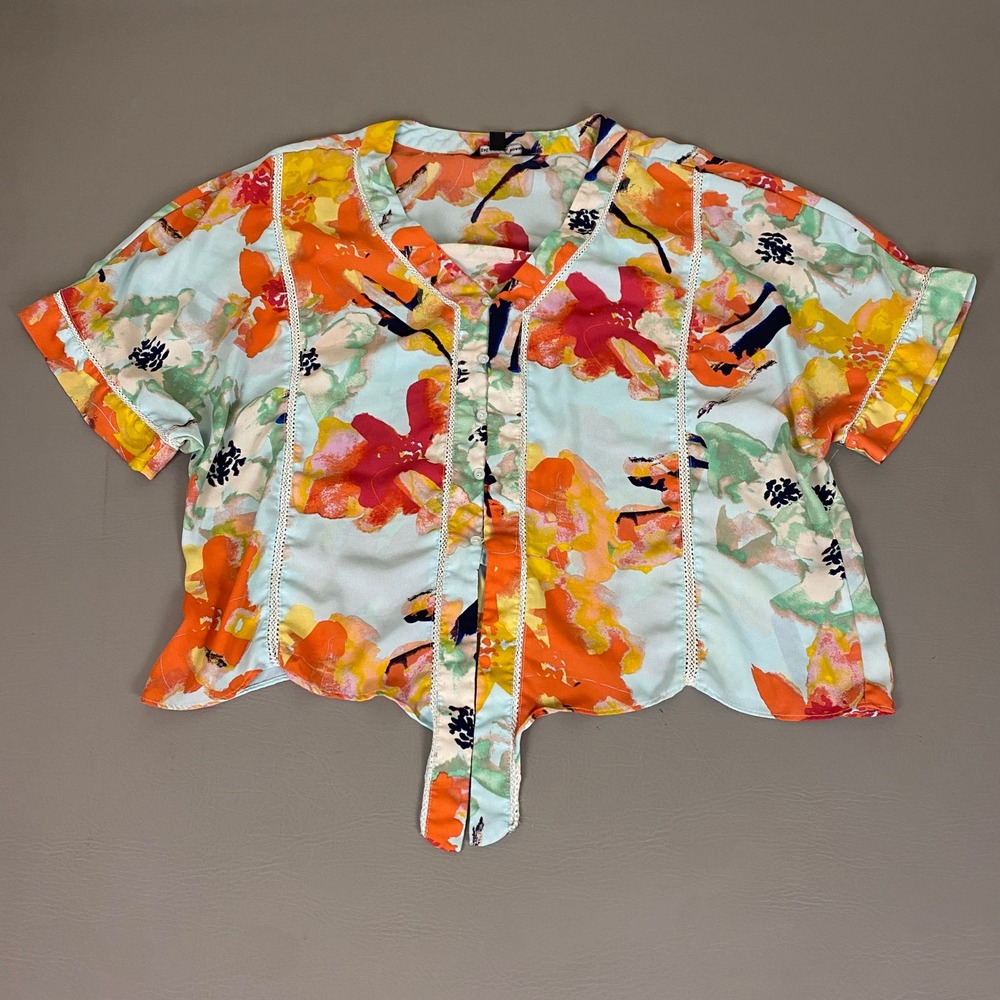 Zac & Rachel Blouse Top Women's 1X‎ Floral Button Front Short Sleeve Tie Front